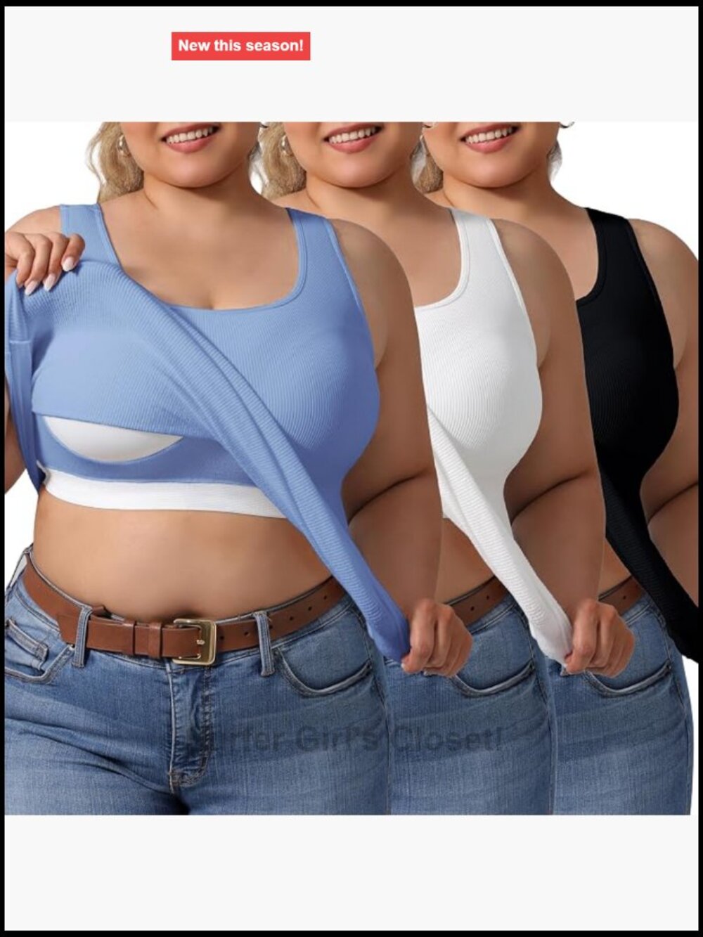 Plus Size U-Back Tank Tops with Built-In Bra 3-Pack